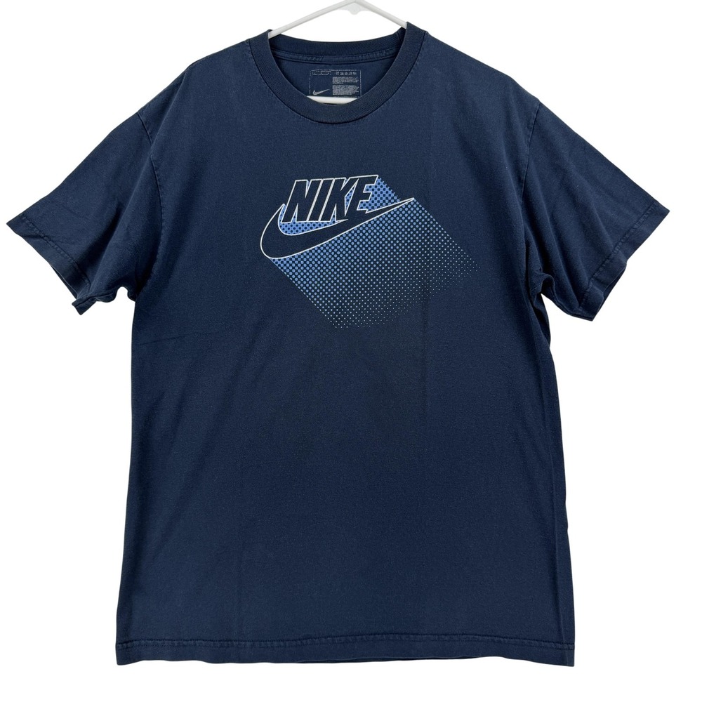 Nike Shirt Mens Large Blue Halftone Box Swoosh Logo Graphic Tagless Tee T-Shirt